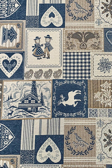 Dekoratív jacquard szövet PATCHWORK HEARTS BLUE