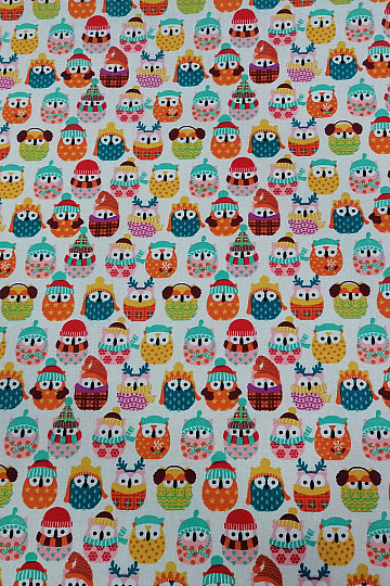 Tessuto di cotone GUFI IN INVERNO colorato