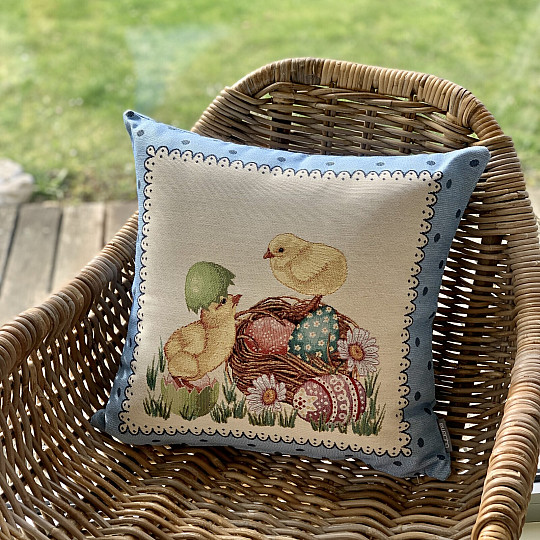 Gobelin párnahuzat EASTER CHICK kék keret
