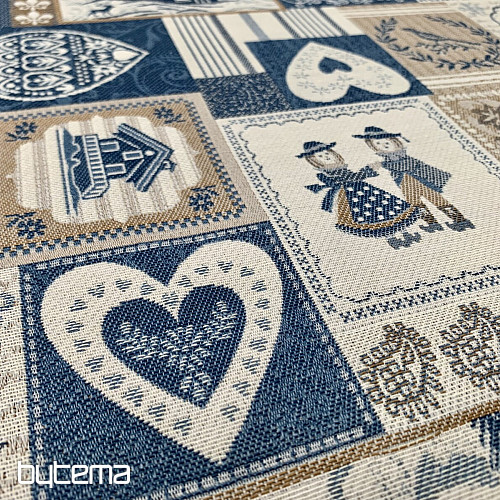 Dekoratív jacquard szövet PATCHWORK HEARTS BLUE