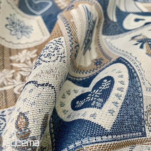 Dekoratív jacquard szövet PATCHWORK HEARTS BLUE