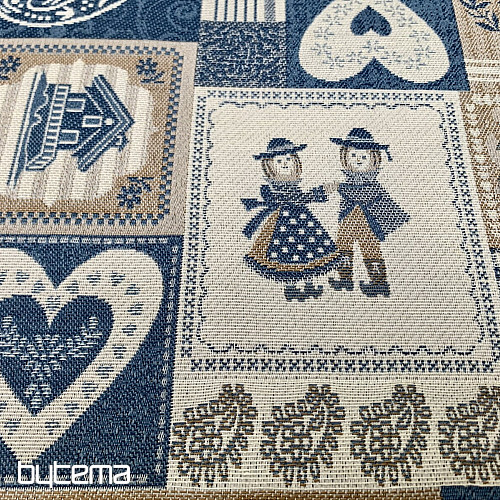 Dekoratív jacquard szövet PATCHWORK HEARTS BLUE