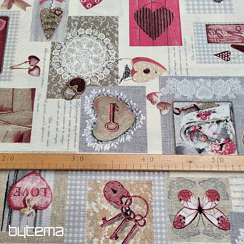 Dekoratív szövet HEART SHABBY bordó