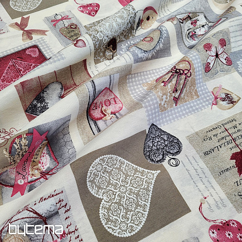 Dekoratív szövet HEART SHABBY bordó