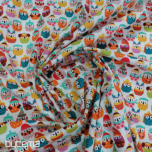 Tessuto di cotone GUFI IN INVERNO colorato